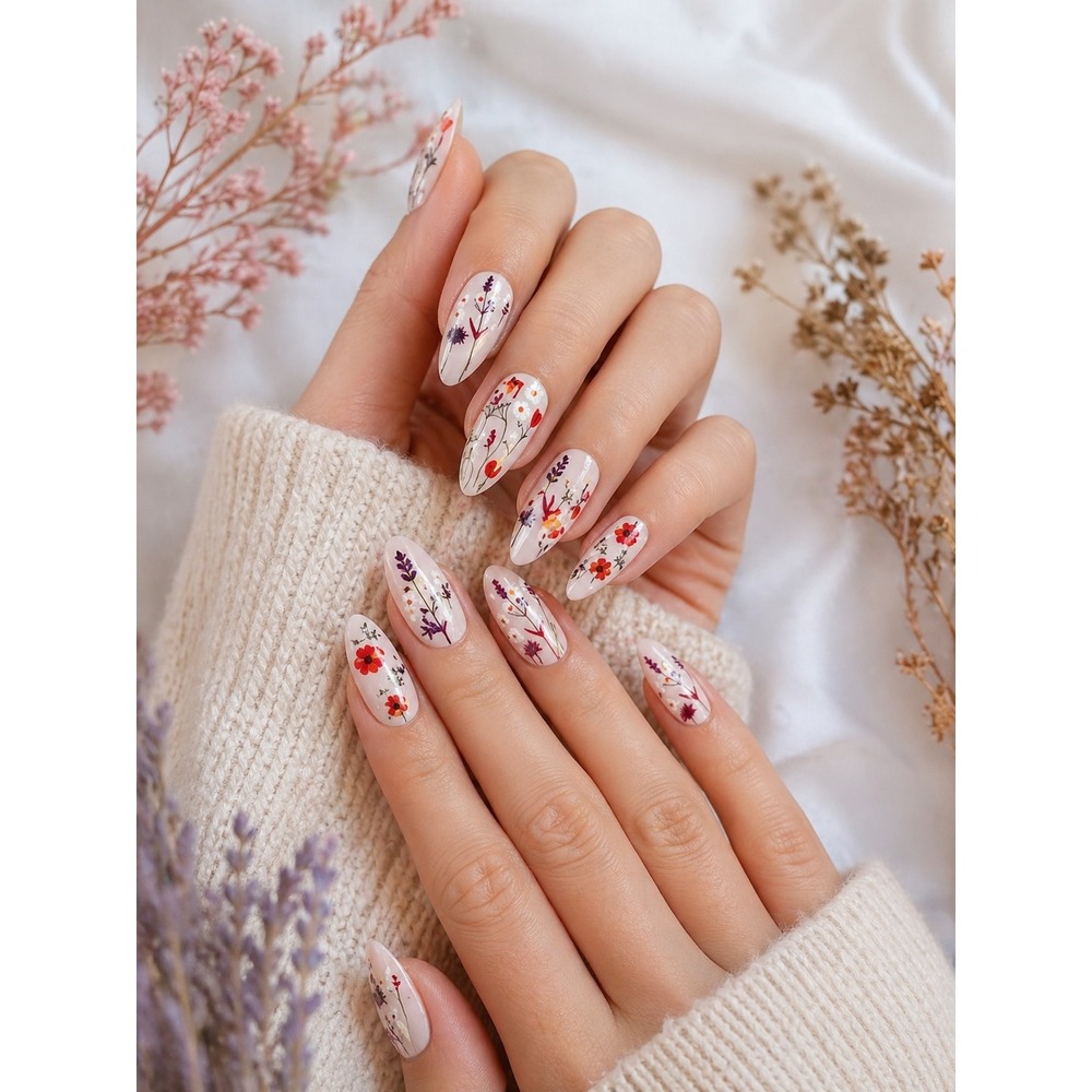 OHWODA Flower Press on Nails Almond Medium Spring Floral Lavender Design 24Pcs